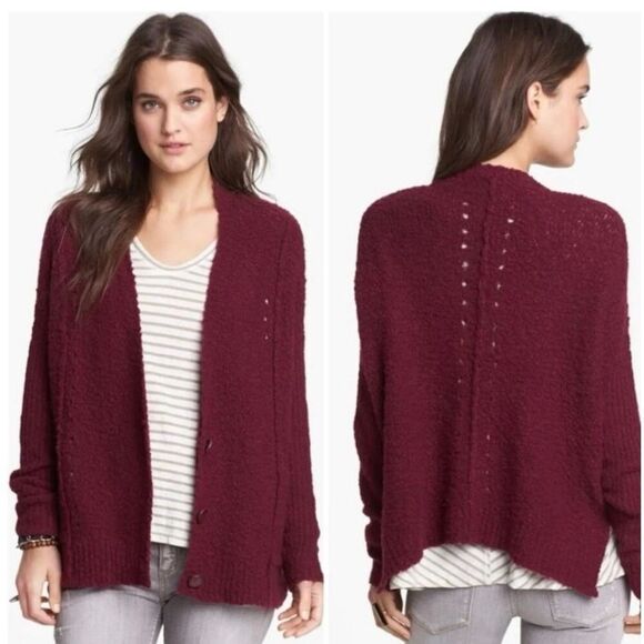 Free People Sweater Fall Friend Oversized Fuzzy Textured Boho Fall Winter Maroon - Picture 2 of 9